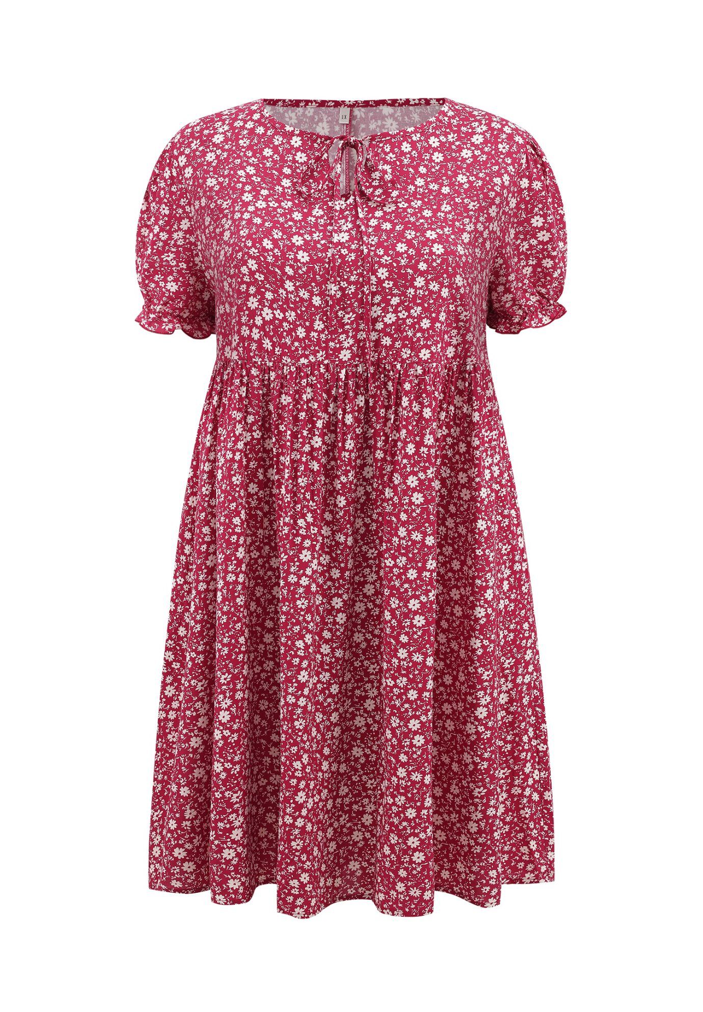 Floral Tie Neck Puff Sleeves Above Knee A-Line Dress with Pockets, Dark Red / Burgundy, alternate image number 3