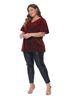 V Neck Metallic Short Sleeve Party Blouse Tee Top