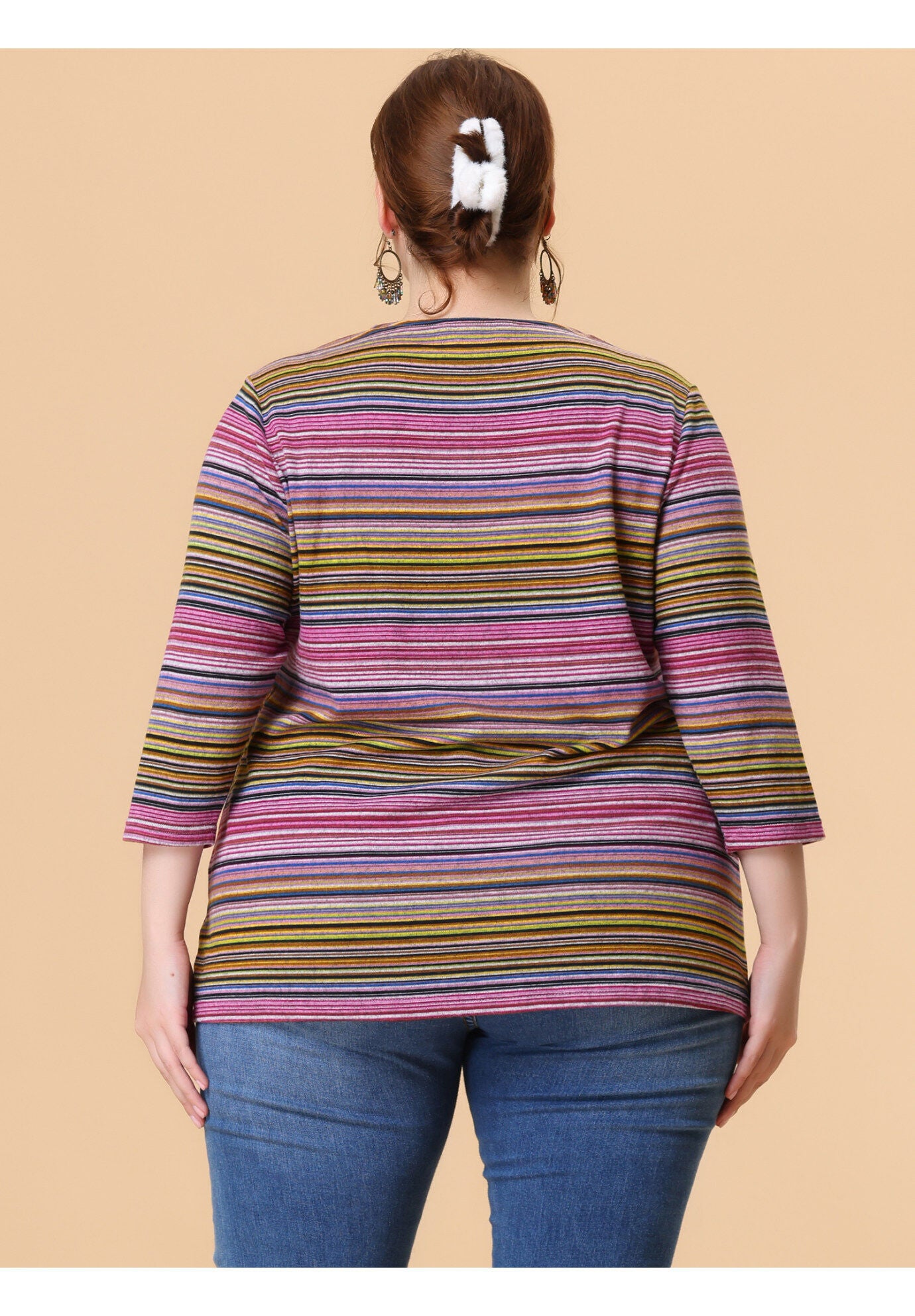 Stripe 3/4 Sleeve Tunic V Neck Knit Blouse, Purple / Purple, alternate image number 3