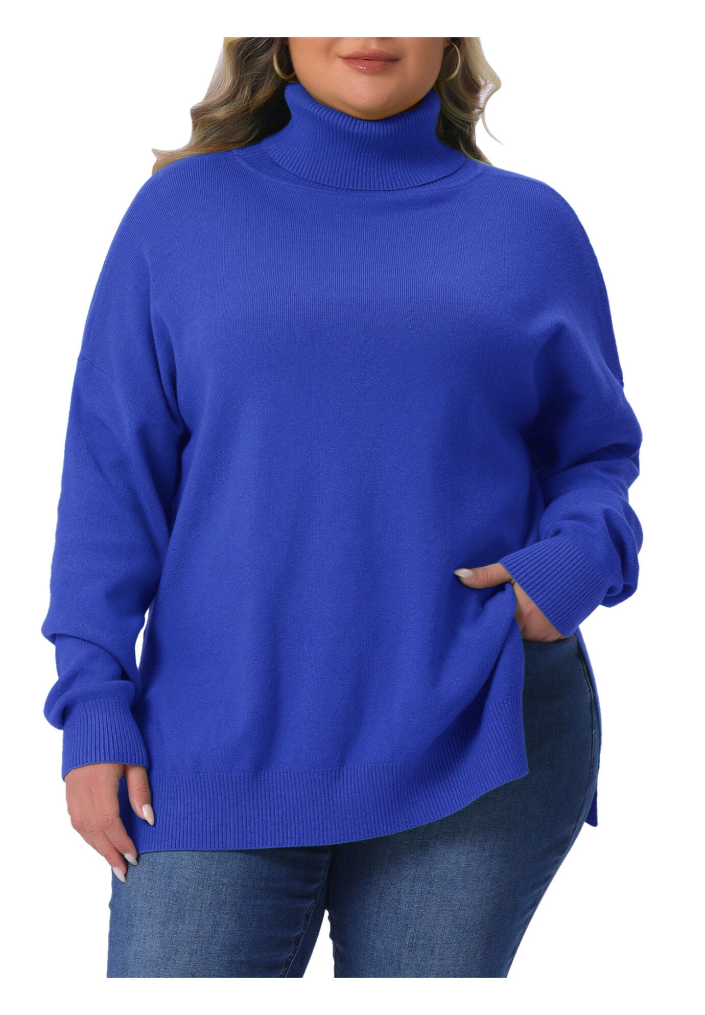 Turtle Neck Side Slit Casual Pullover Knit Top, Blue / Royal Blue, alternate image number 2