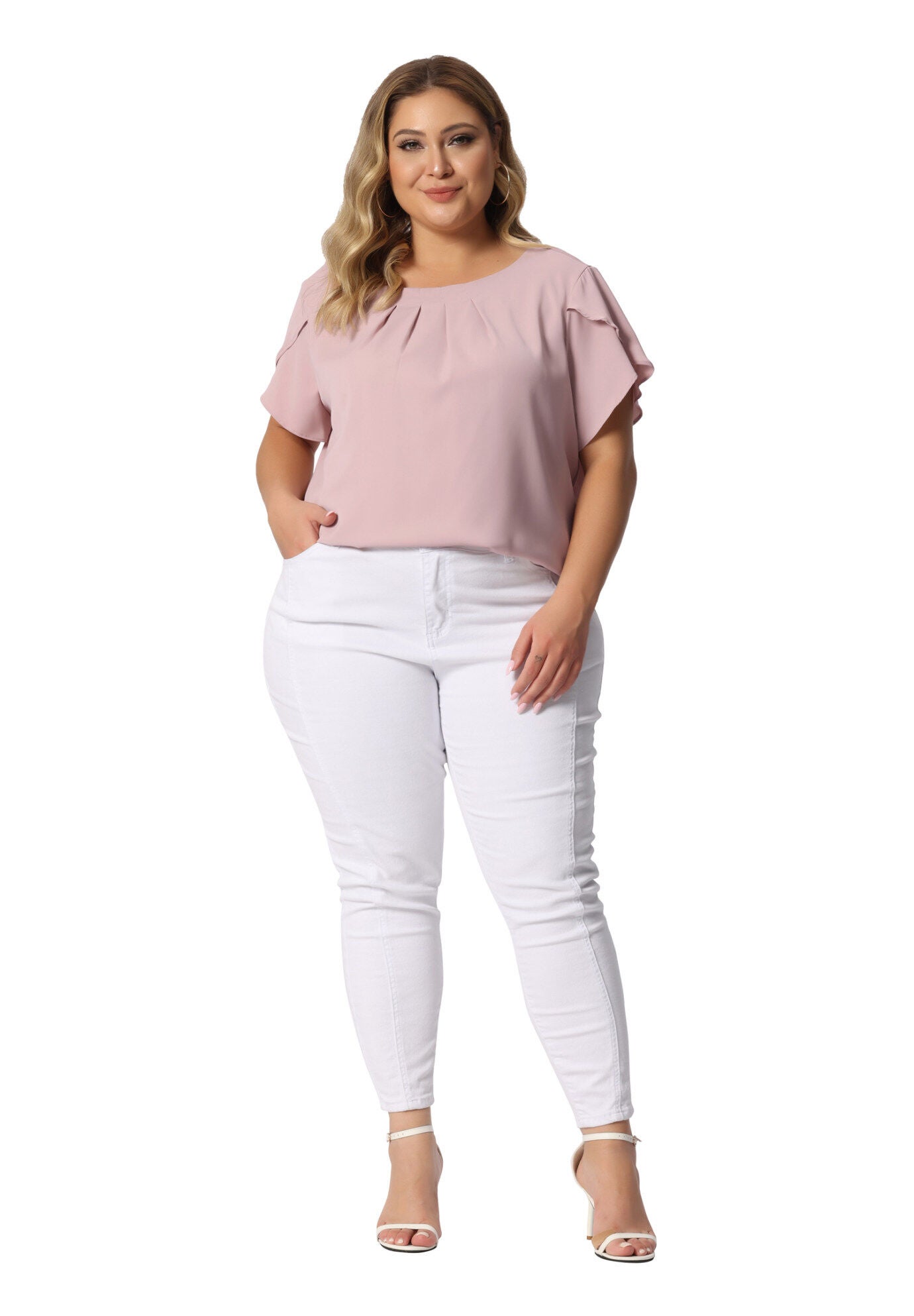 Round Neck Pleated Top Tulip Sleeves Blouse Top, Pink / Pink, hi-res image number 0