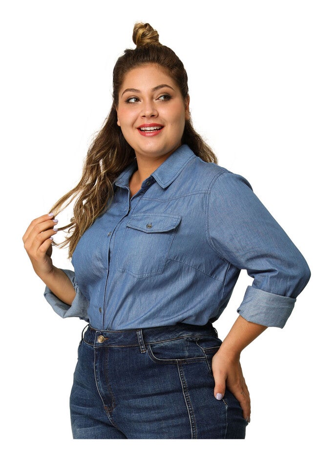 LONG SLEEVE CHEST POCKET DENIM CHAMBRAY SHIRT, Blue / Light Blue, alternate image number 2