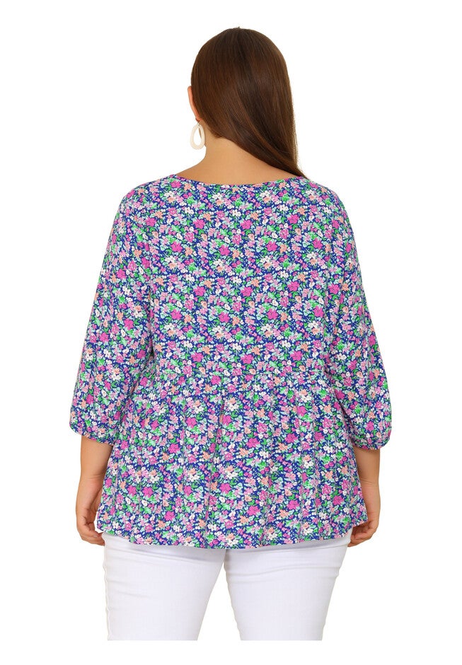 3/4 Sleeves Babydoll Chiffon Keyhole Floral Flowy Top Blouse, Blue / Cornflower Blue, alternate image number null