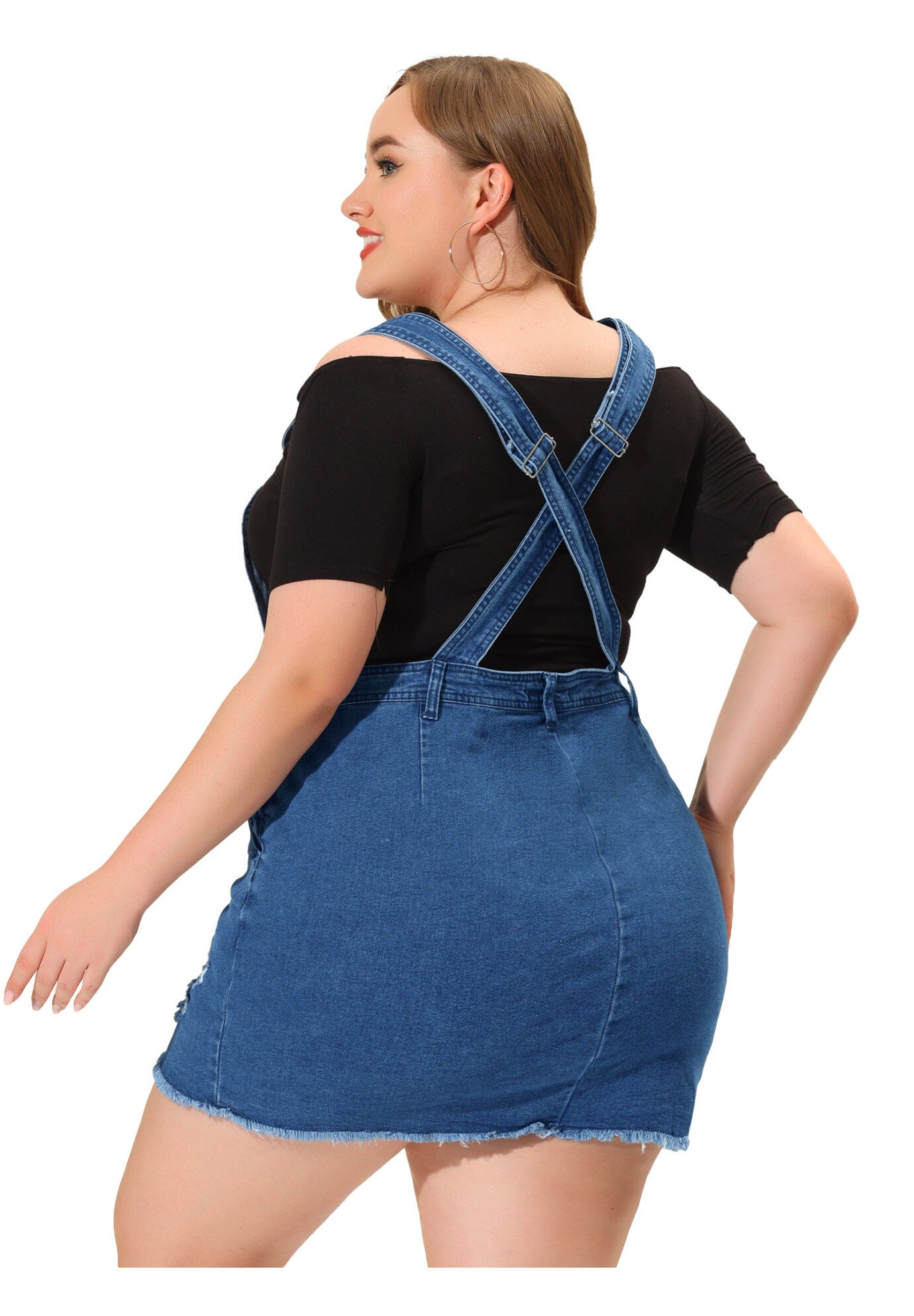 ADJUSTABLE STRAP DISTRESSED DENIM SUSPENDER SKIRT OVERALL DRESS, Denim Blue / Light Blue, alternate image number 1