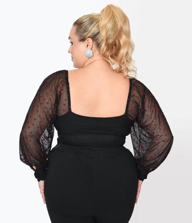 Unique Vintage Black & Red Flocked Hearts Sleeve Bodysuit, , alternate image number 6