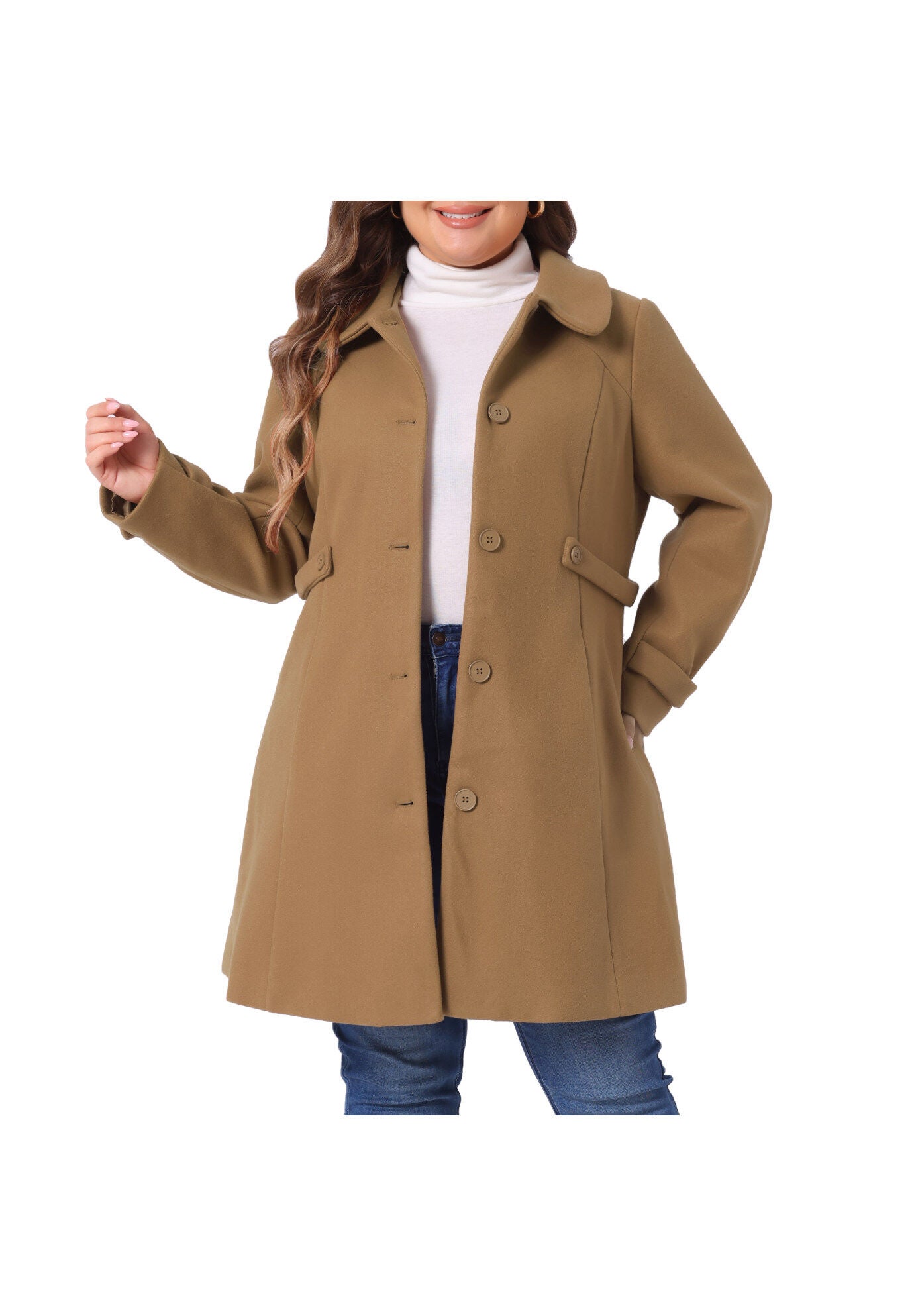 Peter Pan Collar Cuff Single Breasted Trench Long Coat, Camel / Brown, alternate image number 4