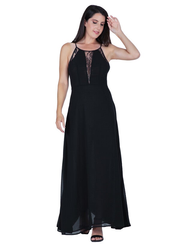 Women's Lace Detailed Sleeveless Maxi Dress, Black / Black, hi-res image number 0