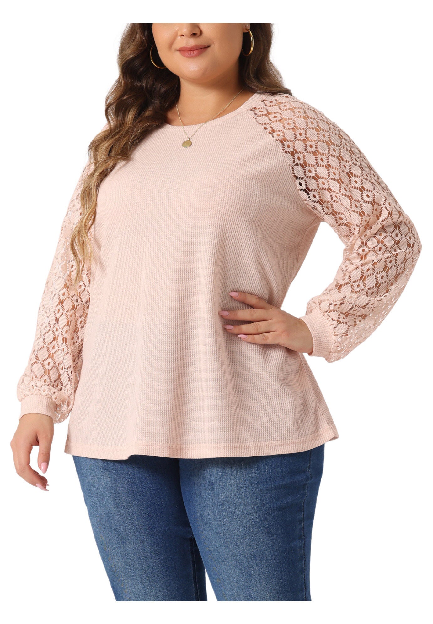 Lace Crew Neck Long Sleeve Loose Blouse, Light Pink / Pink, alternate image number 1