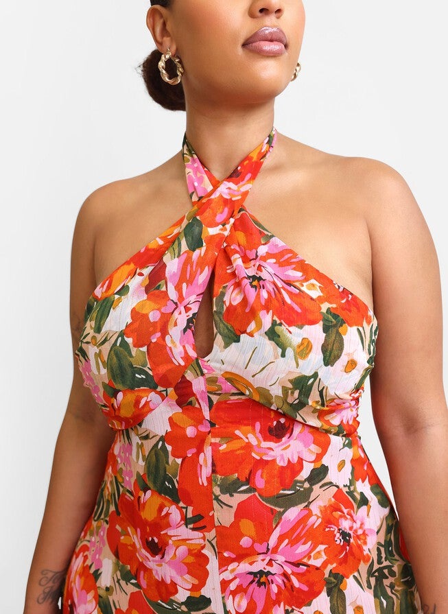 GIADA FLORAL HALTER MIDI SLIP DRESS, Multicolor / Orange, alternate image number 2