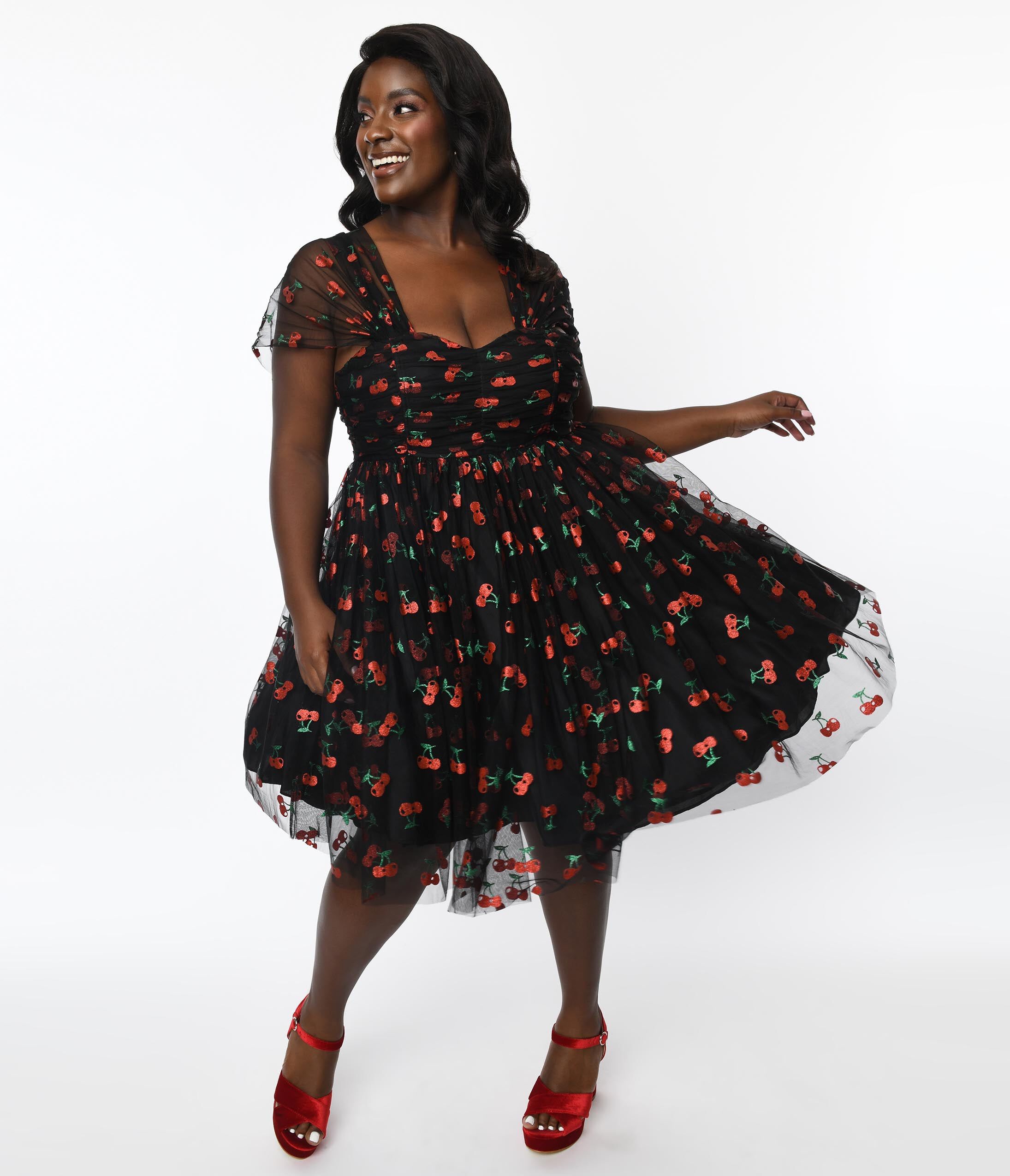 Unique Vintage Black & Glitter Cherry Print Heart & Soul Babydoll Dress, Black Red / Black, hi-res image number 0