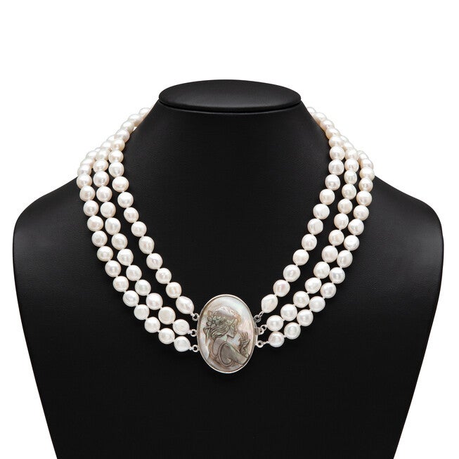 Genuine Freshwater Pearl Black Mother-of-Pearl Cameo Necklace Silvertone 18 inches, Blue / Light Grey, alternate image number null