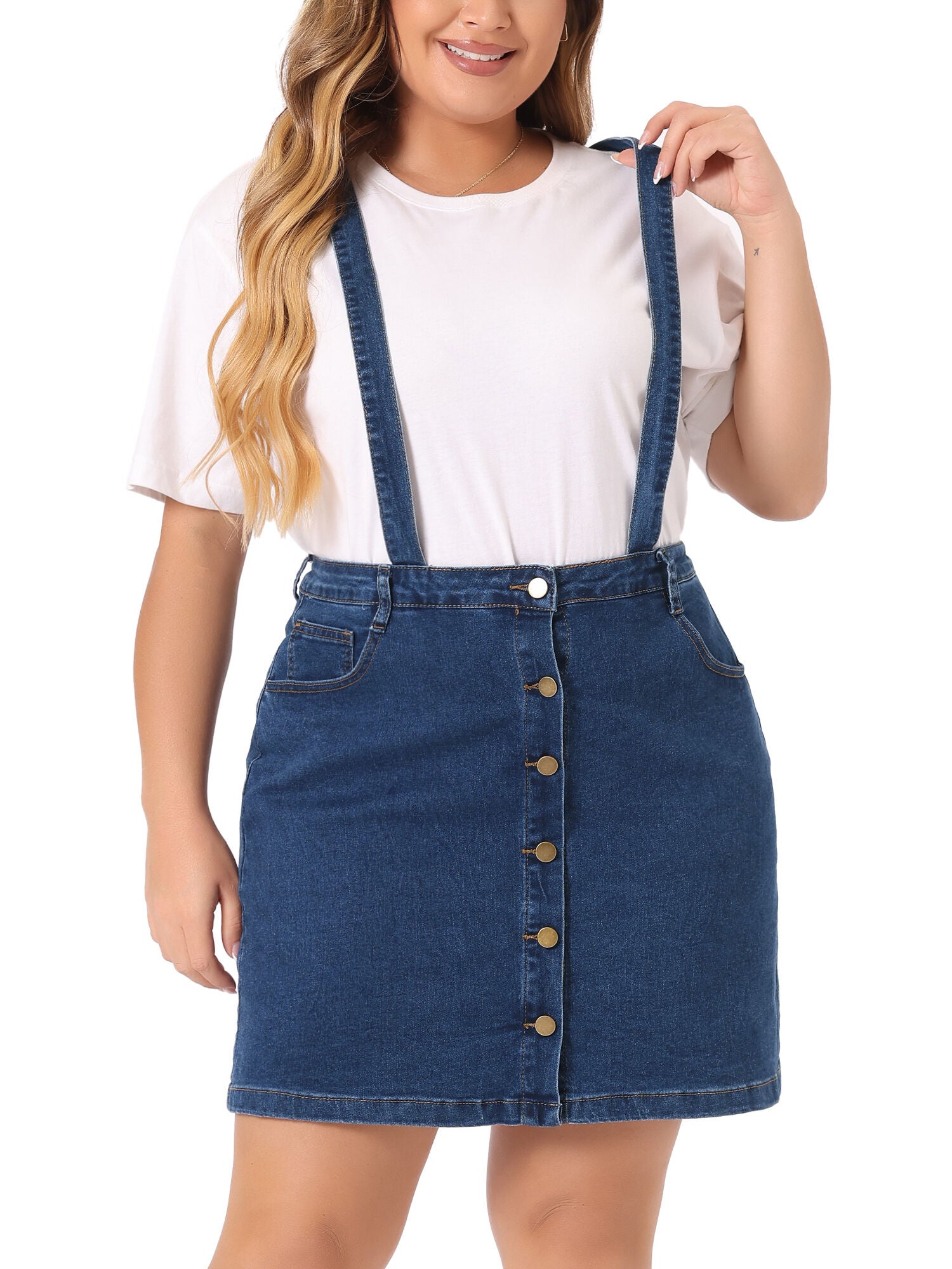 Suspender Skirt Adjustable Strap Cross Back Mini Denim A-Line Overall Dress, Dark Blue / Navy, hi-res image number 0