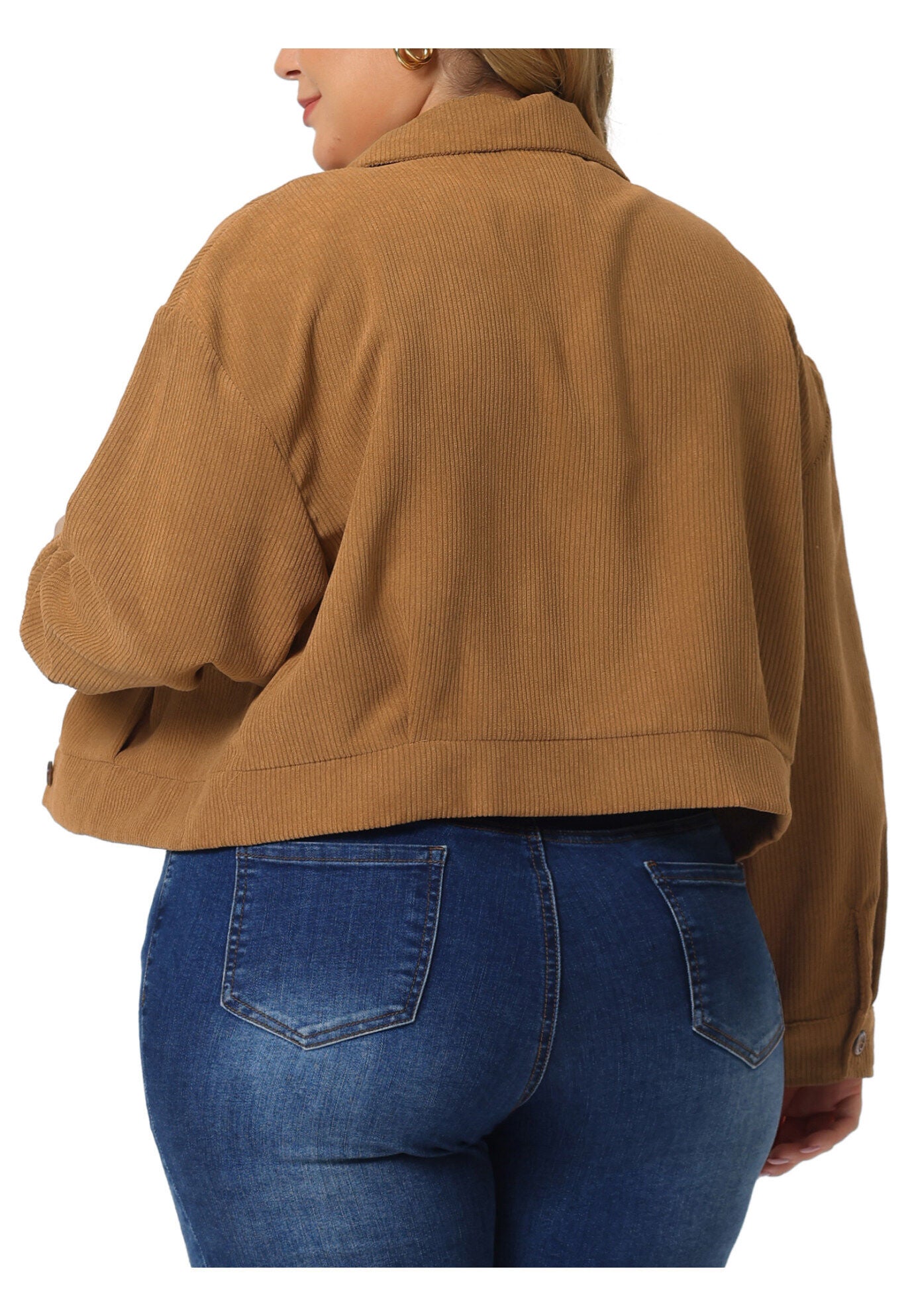 CORDUROY CROPPED BUTTON DOWN LONG SLEEVE SHIRT SHACKET JACKET, Brown / Brown, alternate image number 3