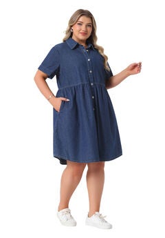 Denim Babydoll Tiered Short Sleeve Button Down Jean Shirt Dress