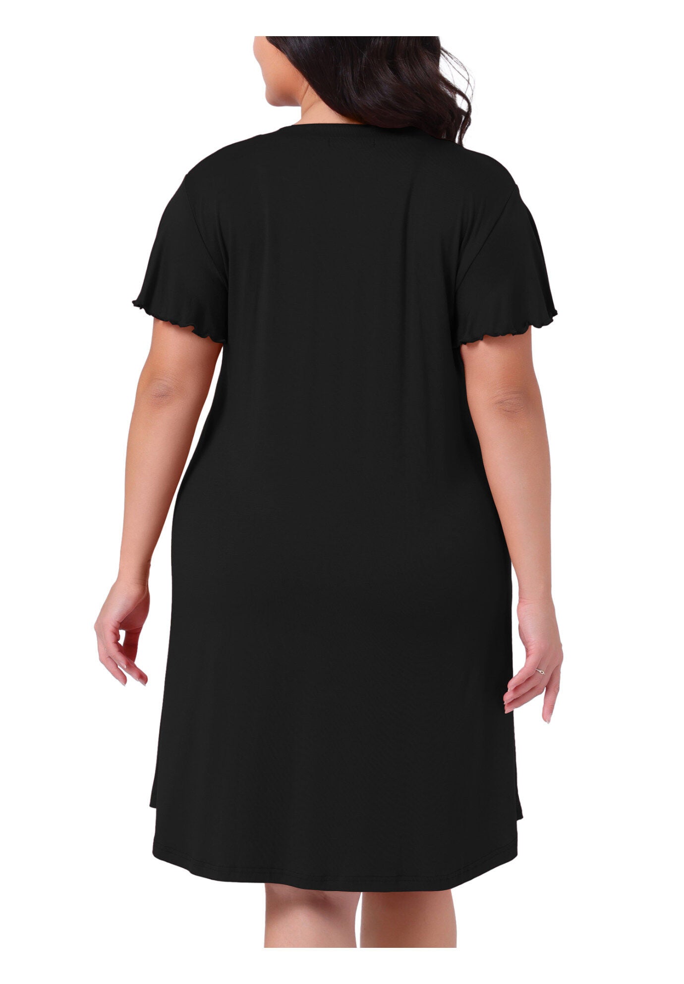V Neck Nightshirt Ruffle Short Sleeve Loungewear, Black / Black, alternate image number 3