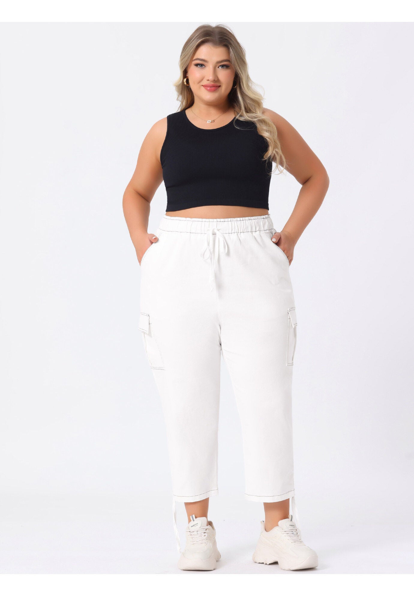 DRAWSTRING ELASTIC WAIST CARGO PANTS, White / White, hi-res image number 0