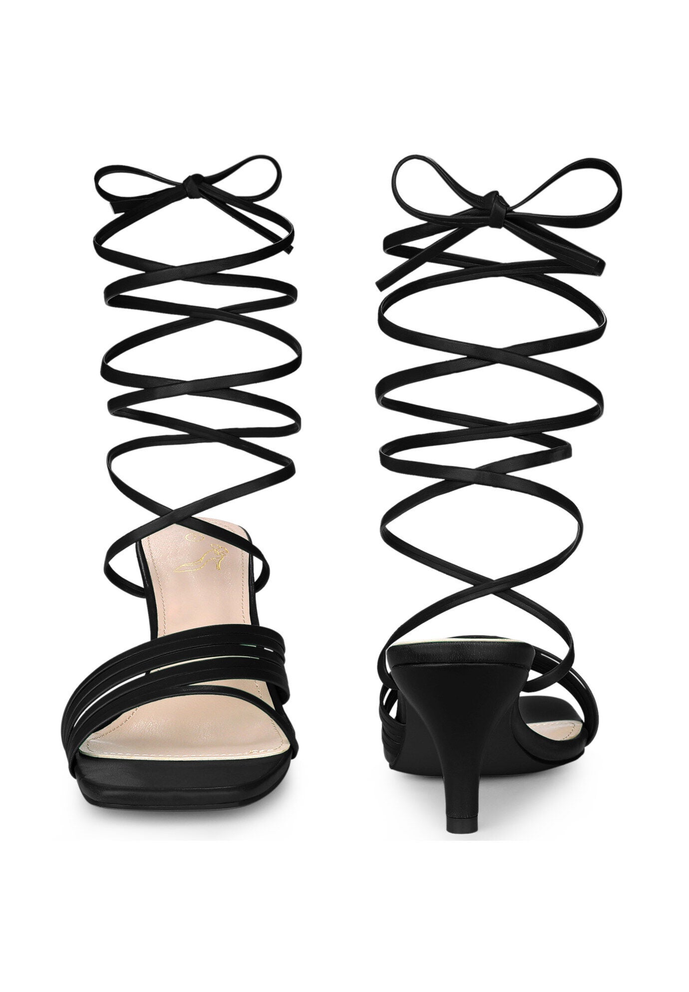 Lace Up Square Toe Strappy Kitten Heels Sandals, Black / Black, alternate image number 1