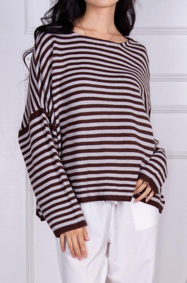 DROPPED-SHOULDER STRIPED KNIT SWEATER IN POWDER BLUE/BROWN, Powder BlueBrown / Black, hi-res image number 0