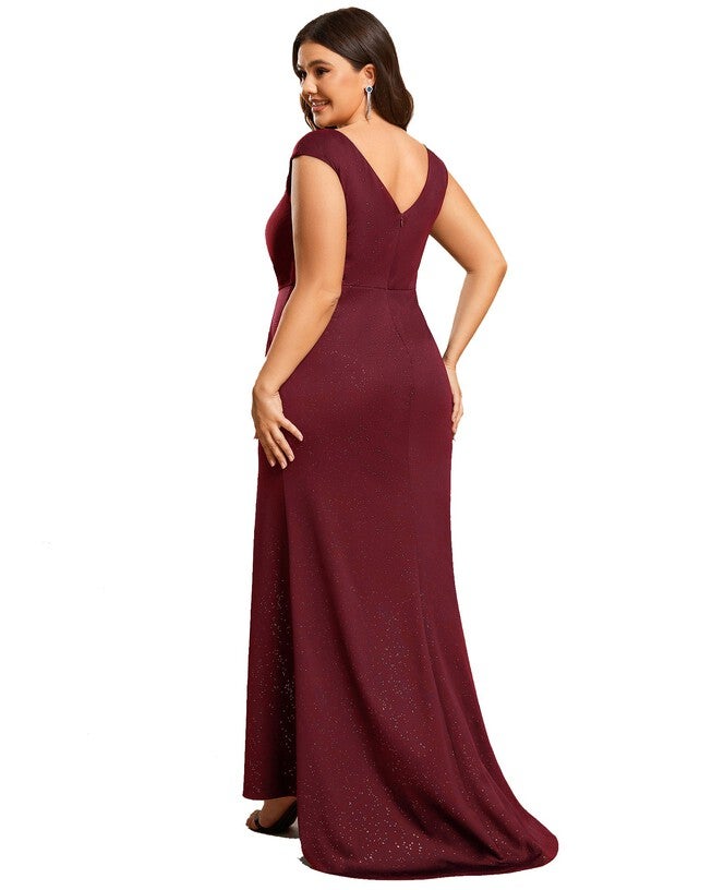 Plus Size Elegant V-neck Glitter Sequin Front Slit Mother of the Bride Dress, Burgundy / Burgundy, alternate image number null