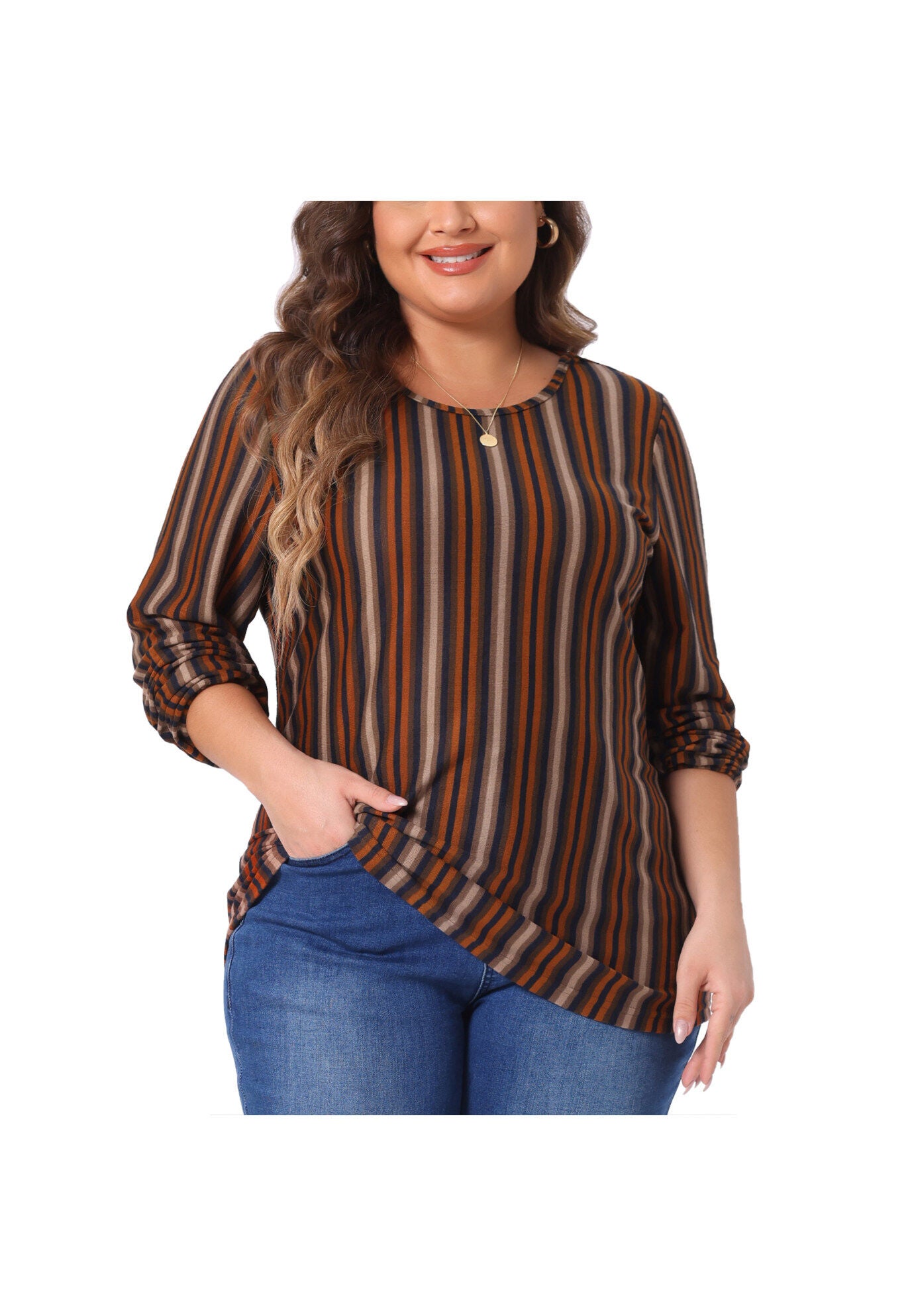 Boho Color Block Elastic Cuff Long Sleeve Striped Top, Orange / Orange, alternate image number 2