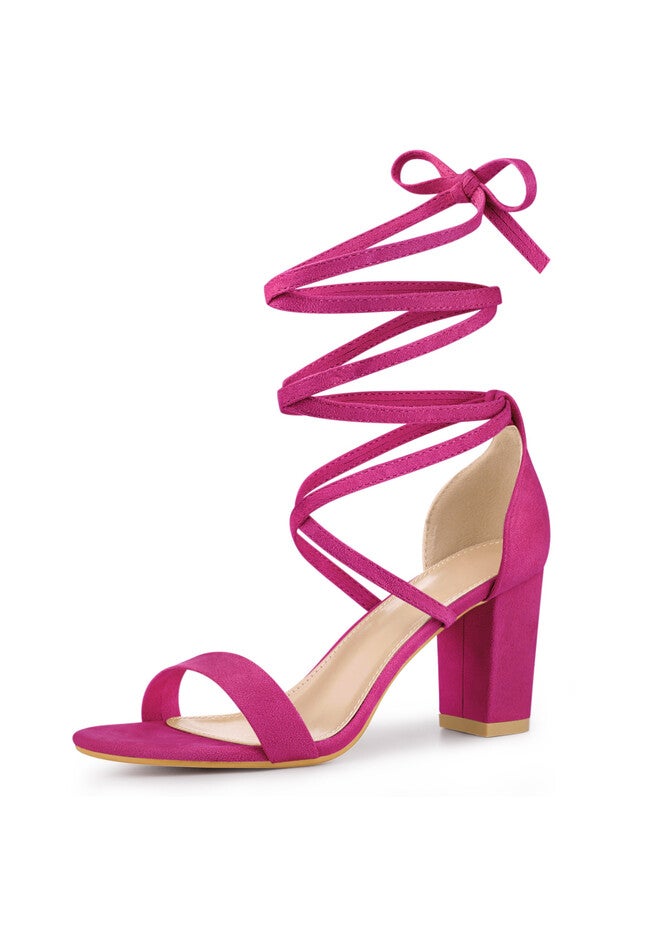 Open Toe Lace Up Chunky Heeled Sandals, Hot Pink / Deep Fuchsia, alternate image number 3