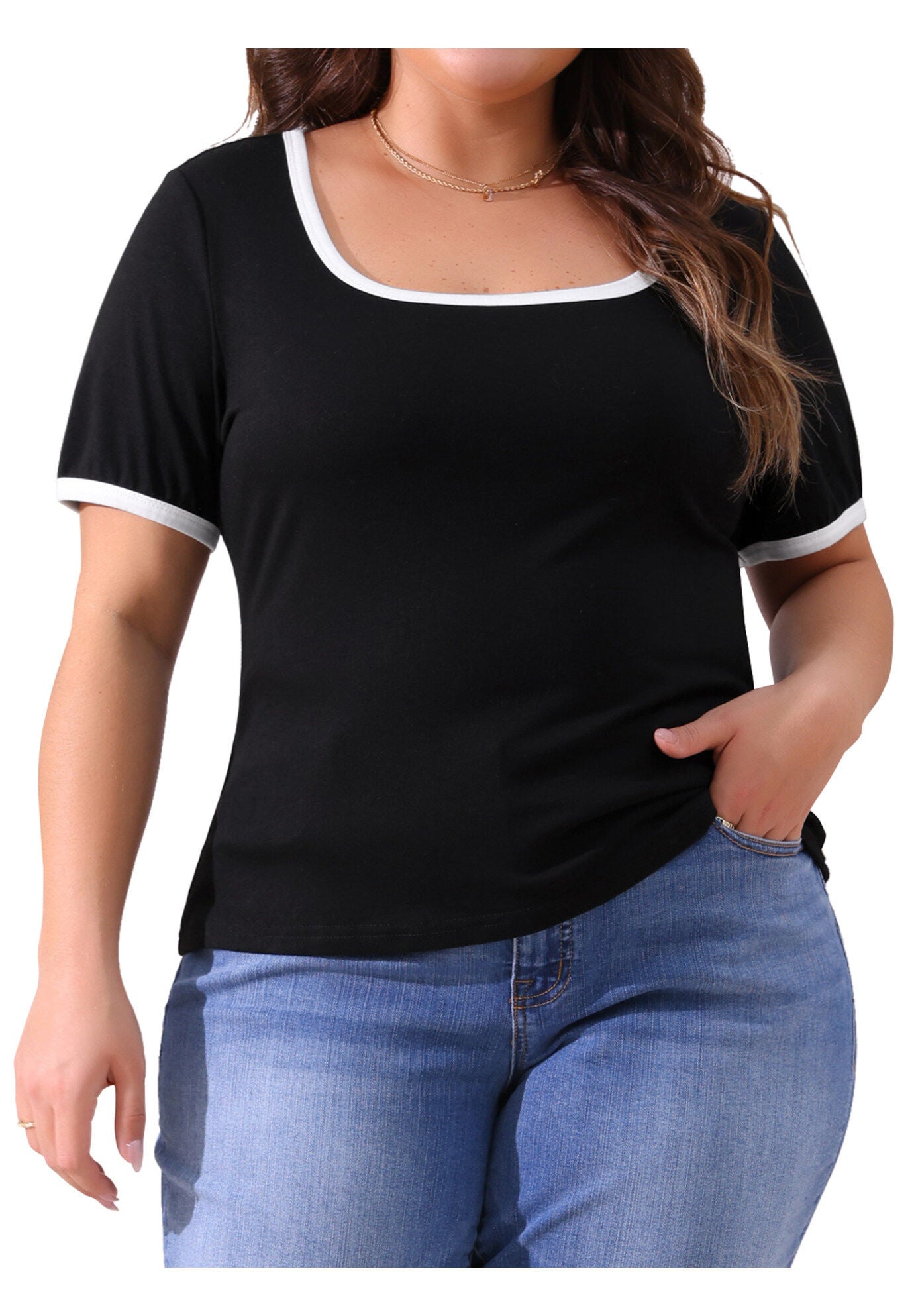 Square Neck Short Sleeve T-Shirt Ribbed Knit Color Block Slim Top, Black / Black, alternate image number 2