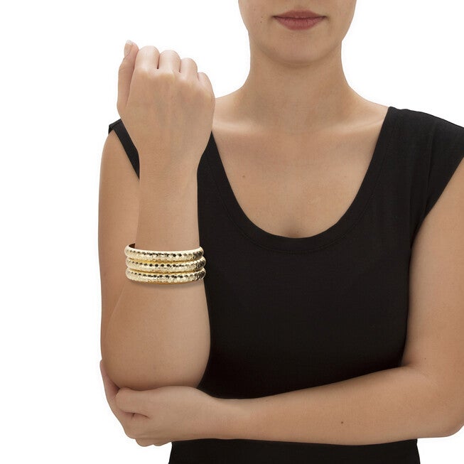 Yellow Goldtone Hammered 3-Piece Bangle Bracelet Set 8.5 inches, , alternate image number null