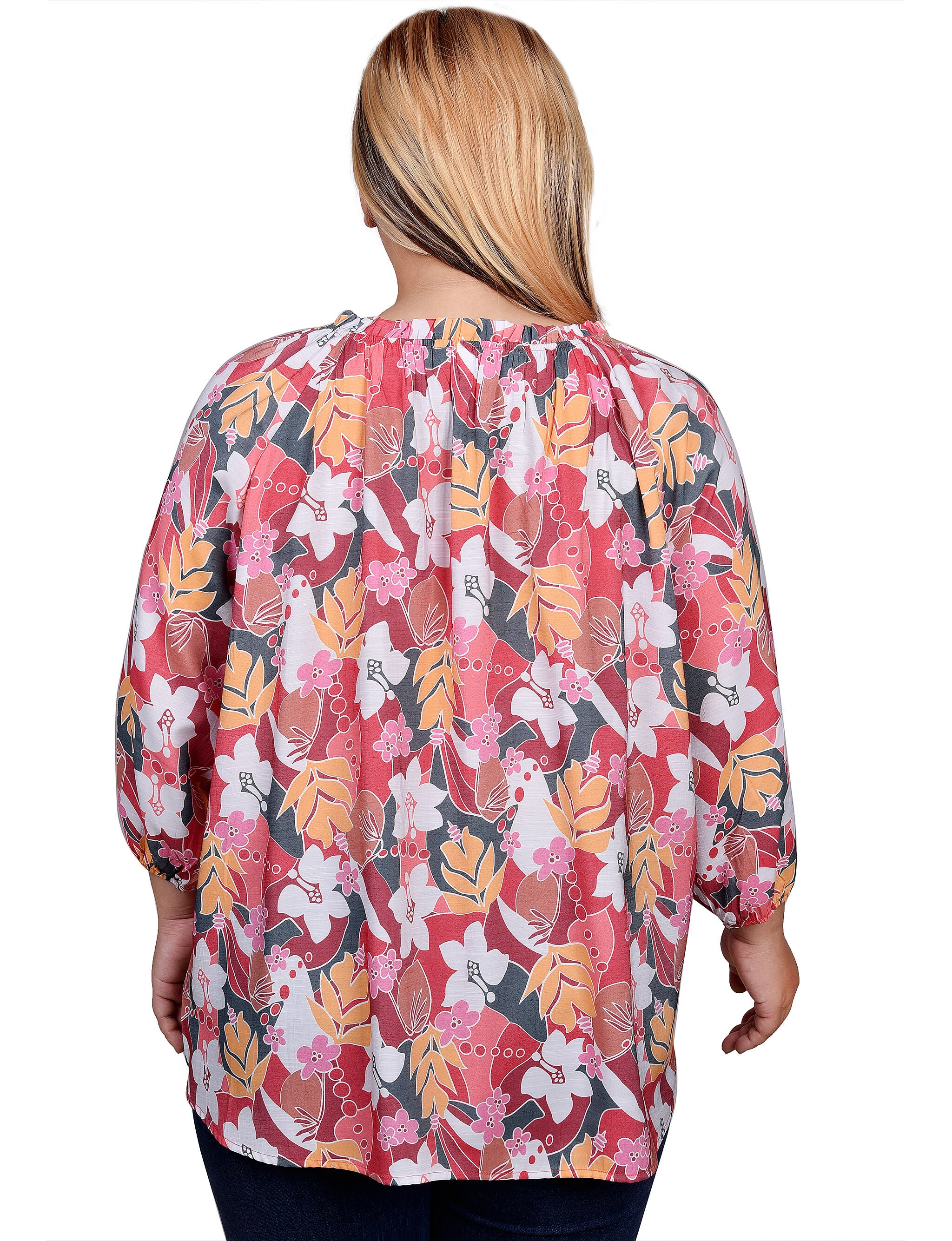 3/4 Sleeve Drawstring Neck Blouse, Pink Red Flower / pink, alternate image number 1