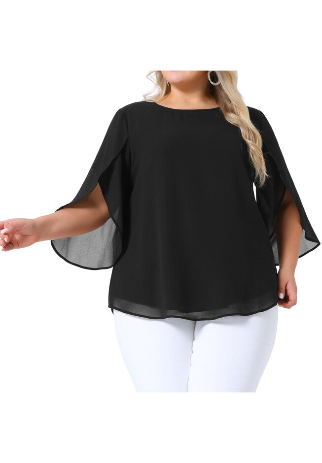 Flutter Petal Half 3/4 Sleeve Loose Chiffon Top, Black / Black, alternate image number 2