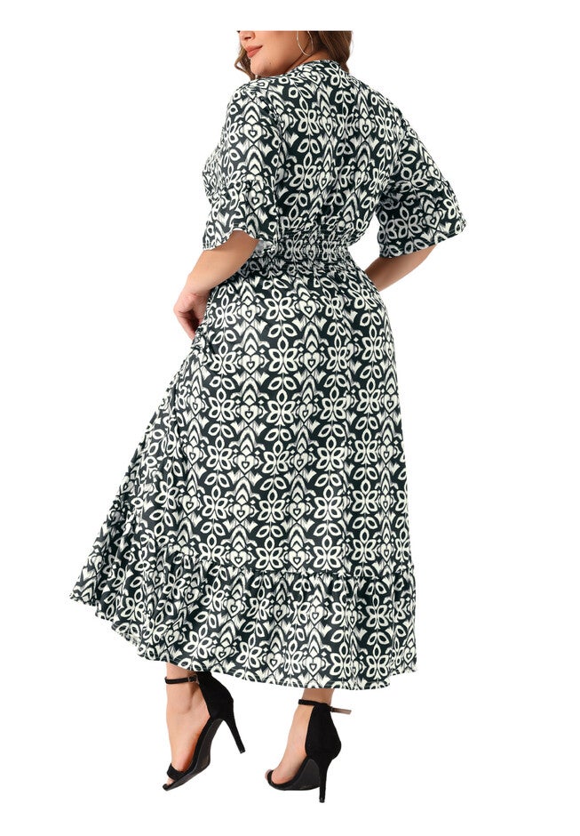 Bell Sleeve Ruffled Hem V Neck Short Sleeve Boho A Line Long Dress, Black / Black, alternate image number 1