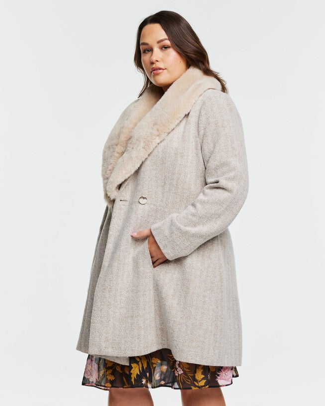 Grammys Beige Coat with Faux Fur Removable Collar, , alternate image number null