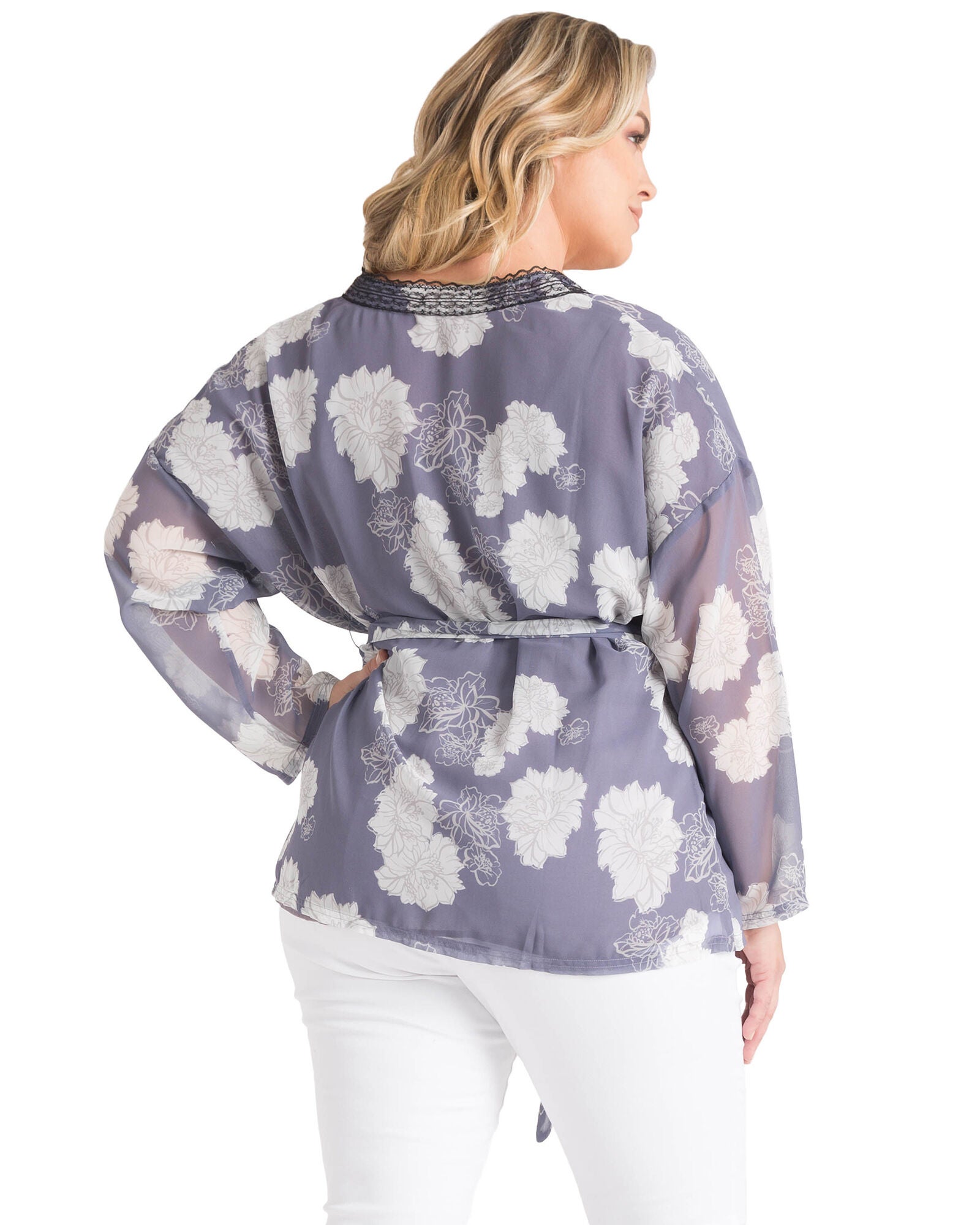 Plus Size Irna Floral Print Belted Kimono Cardigan Cover Up, Purple / Purple, alternate image number 2