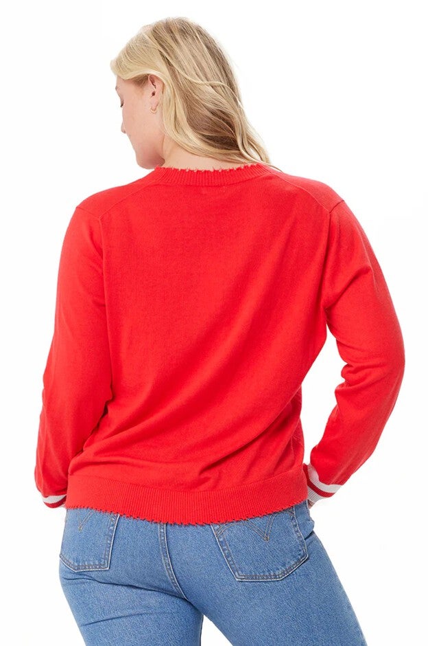 Cotton Cashmere Frayed Cardigan w/ Striped Cuff, Rouge / Red, alternate image number null