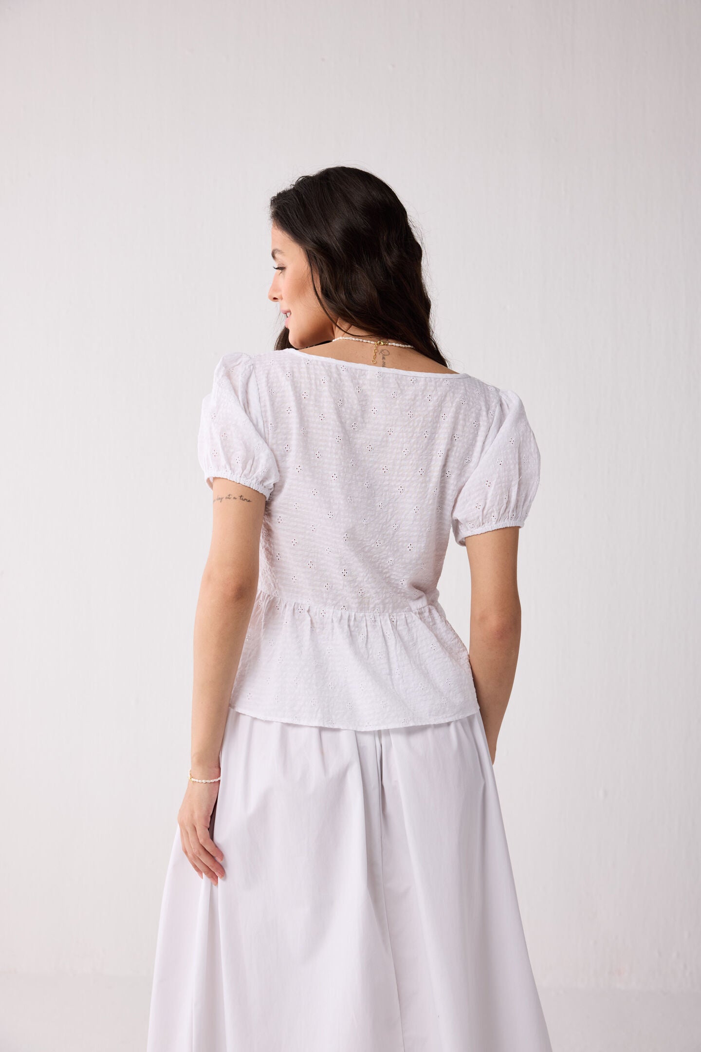 Embroidered Peplum Top with Puff Sleeves in White, Textured Eyelet in White / White, alternate image number 2