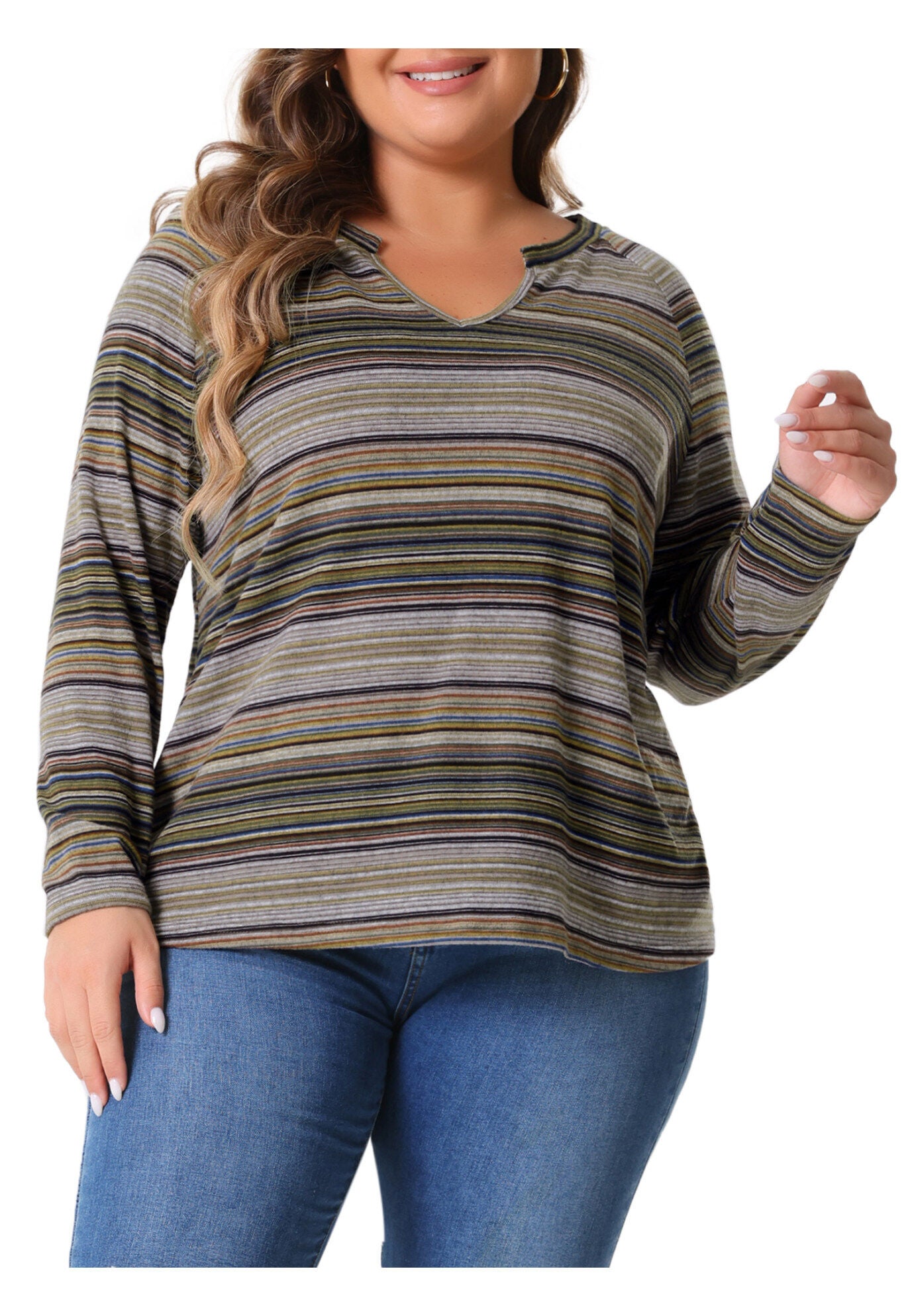 Long Sleeve T-Shirt Notch V Neck Blouse, Green / Brown, alternate image number 1