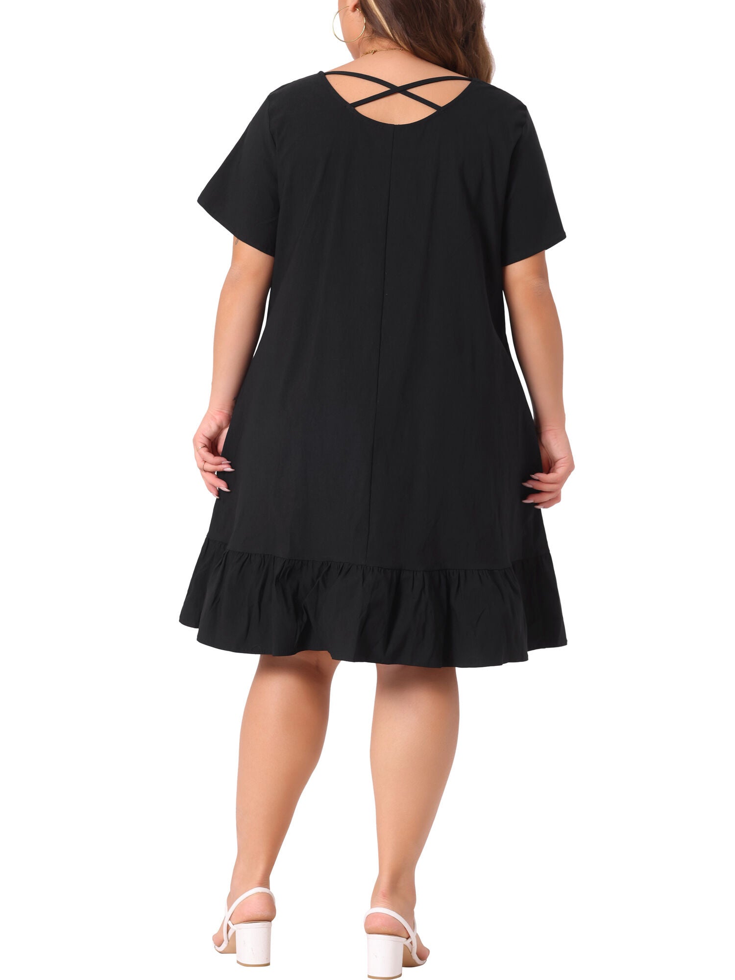Ruffle Hem Casual Short Sleeve Chambray Dress, Black / Black, alternate image number 3
