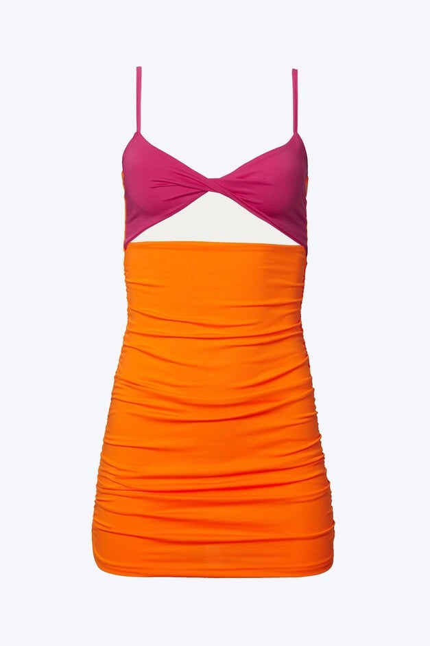 CUTOUT TWO-TONE STRETCH-JERSEY MINI DRESS IN NEON ORANGE/PINK, Neon OrangePink / Orange, alternate image number null