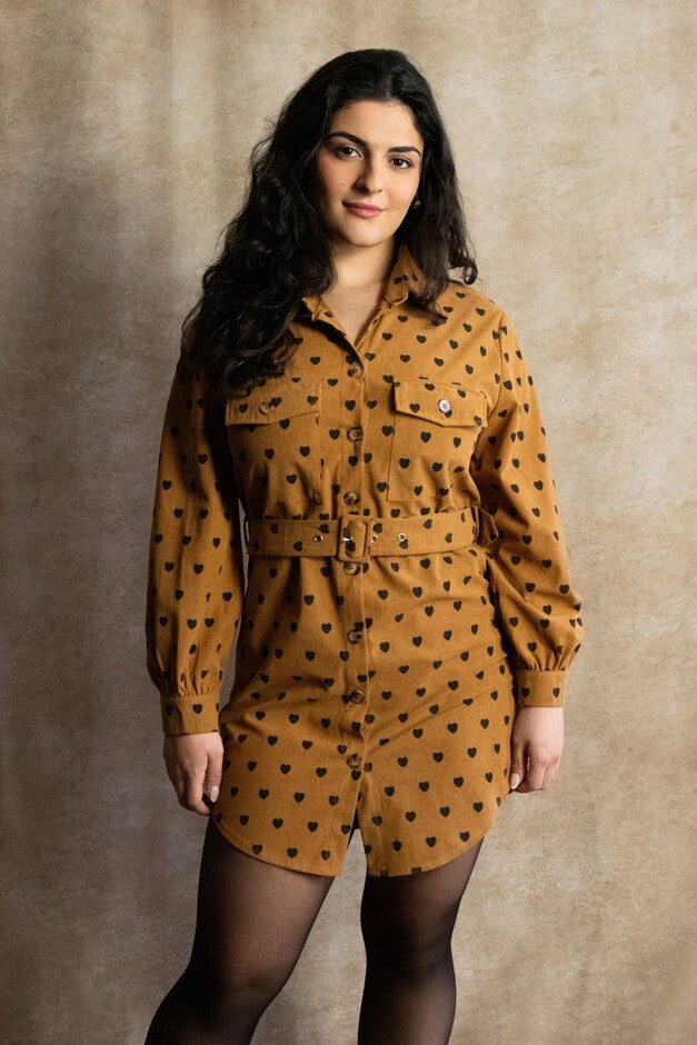 Annick - Stephanie Shirt Tunic- Mini Dress Corduroy Heart Print Belt, Brown / Brown, alternate image number 2