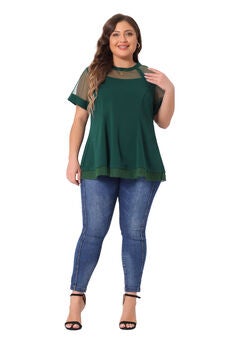 ROUND NECK SHORT SLEEVE MESH SHEER SUMMER PEPLUM TOP