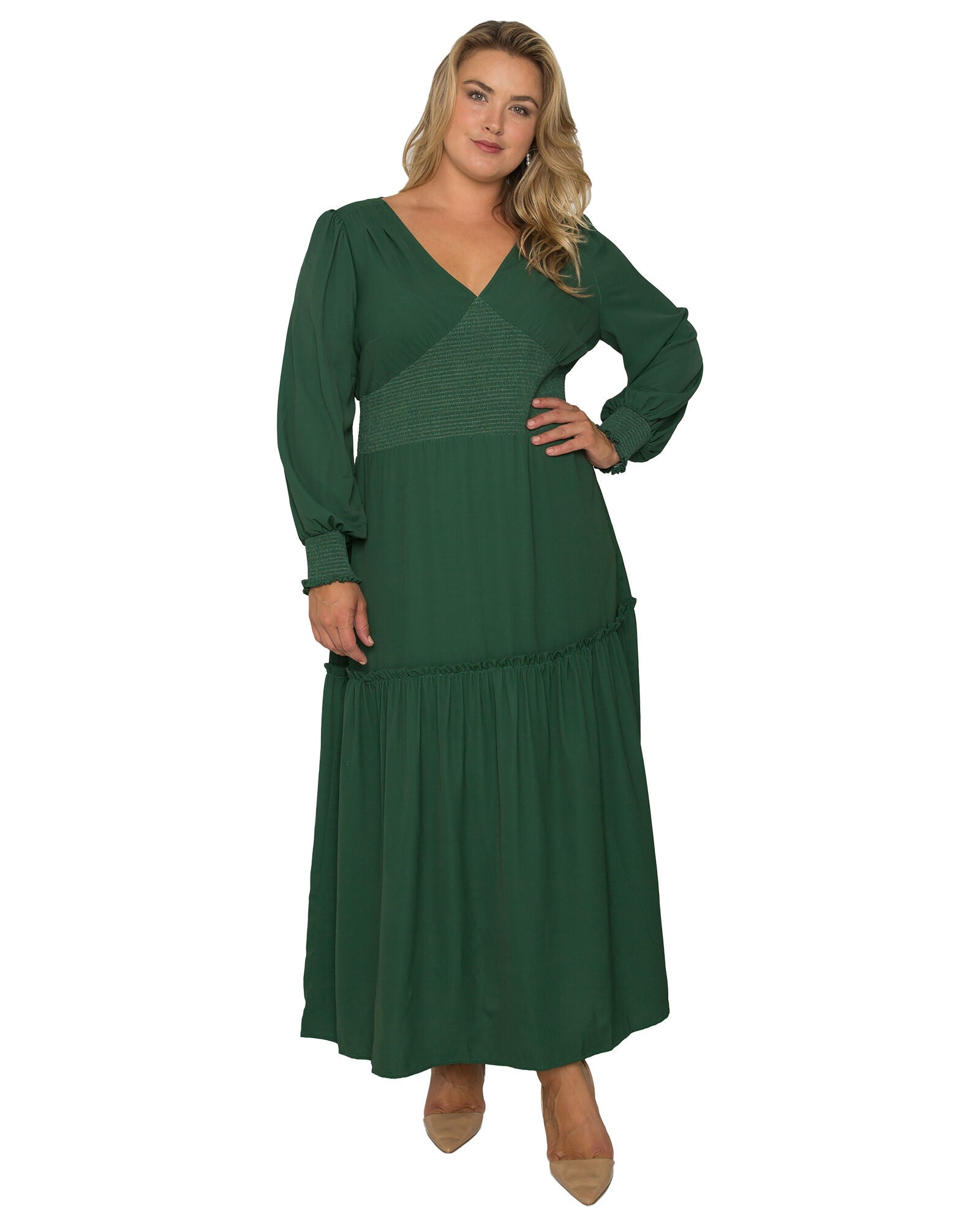 Plus Size Zina Smocked Waist Long Sleeve Maxi Dress, Green / Hunter Green, hi-res image number 0