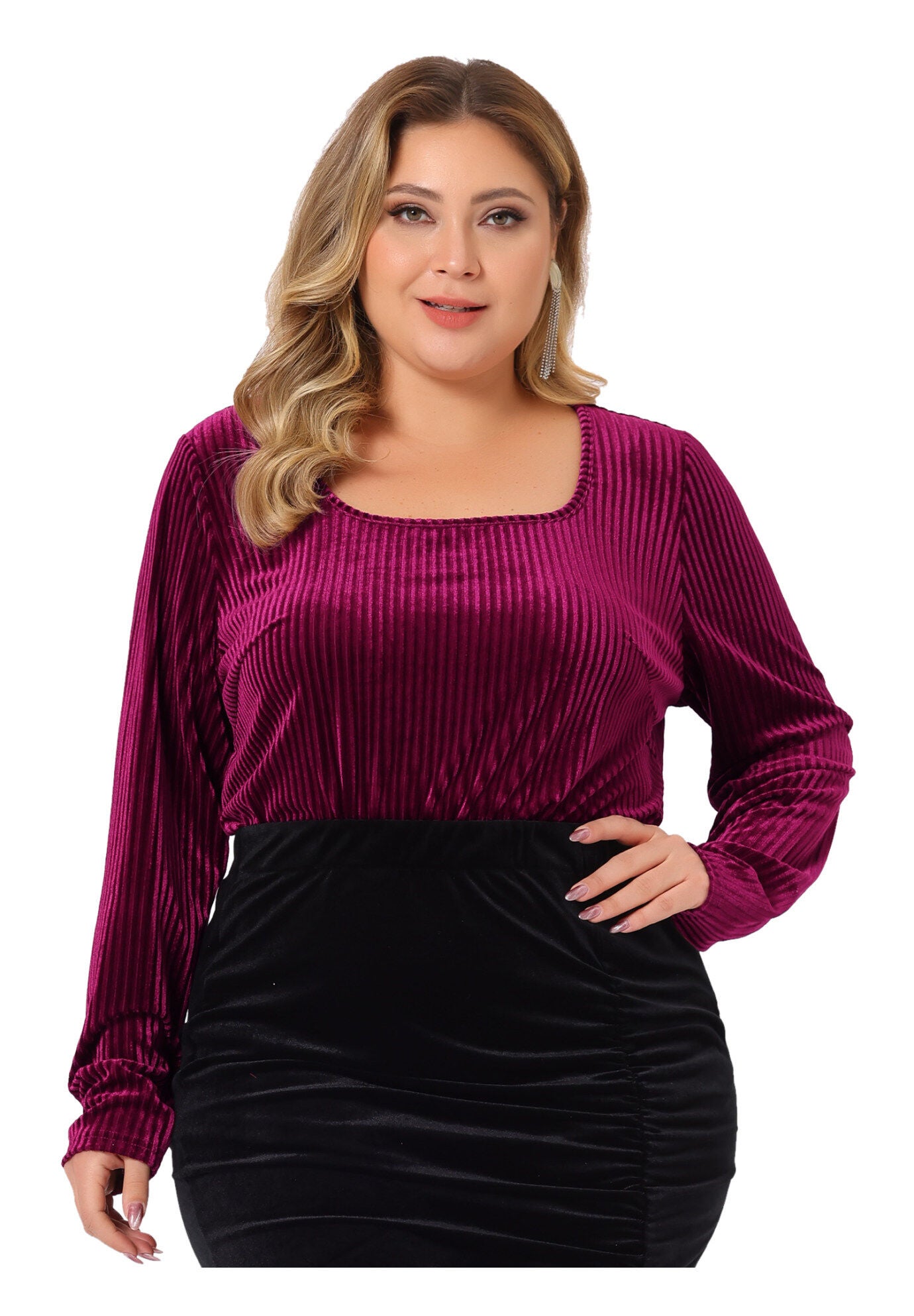 Square Neck Pullover Long Sleeve Blouse Tunic Velvet Top, Burgundy / Red, alternate image number 1