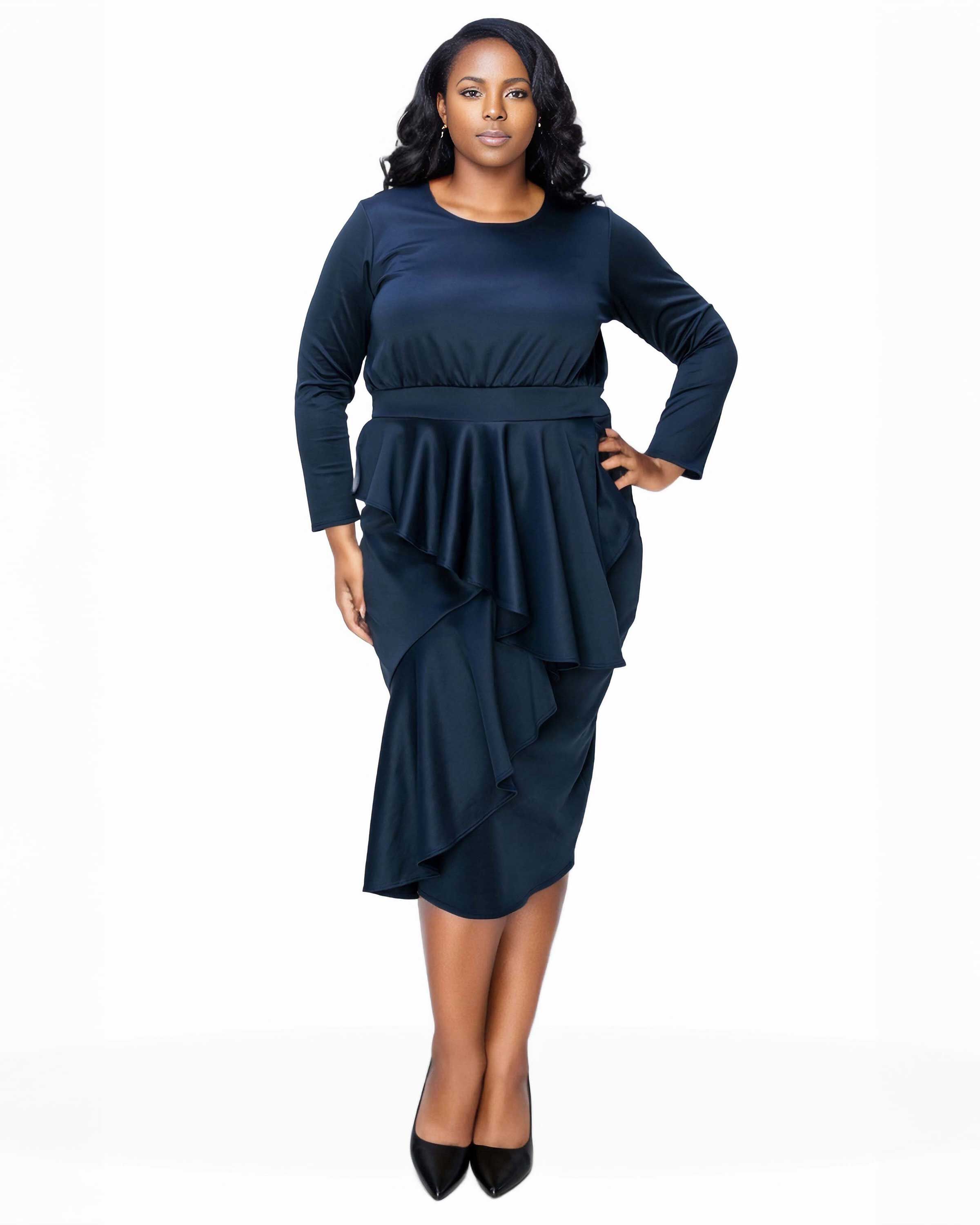 ALEXANDRA RUFFLED BODYCON DRESS, Navy / Navy, hi-res image number 0