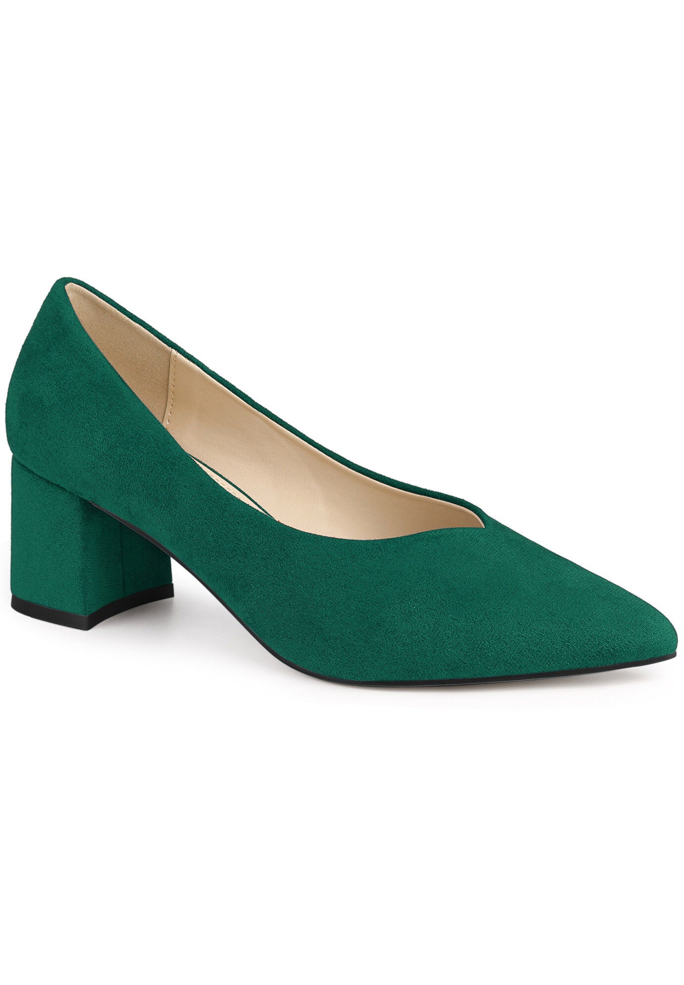 Pointy Toe Slip on Low Chunky Heels Pump, Green / Hunter Green, hi-res image number 0