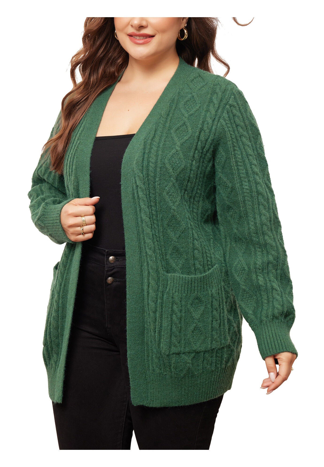 OPEN FRONT LIGHTWEIGHT SWEATER CARDIGAN WITH POCKETS, Dark Green / Forest Green, alternate image number 2