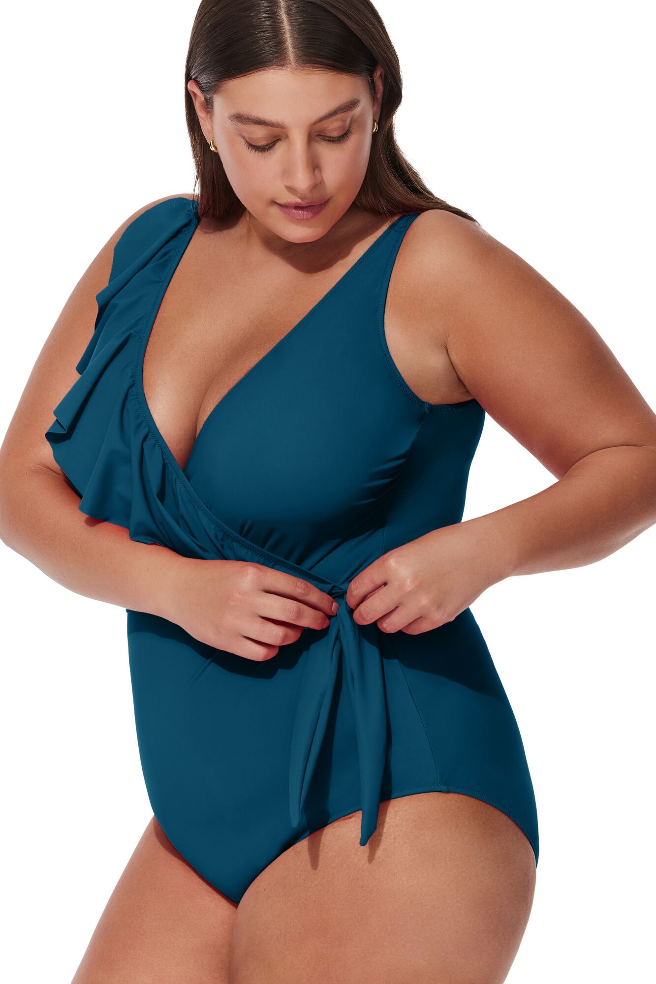 Tutti Frutti Plus Size Ruffle Surplice One Piece, Petrol / Azure Blue, alternate image number 2