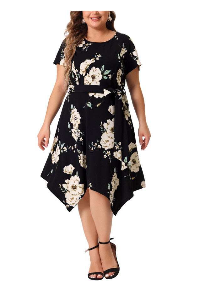 Printed Retro High Low Short Sleeves Dress, Black White / White, alternate image number 2