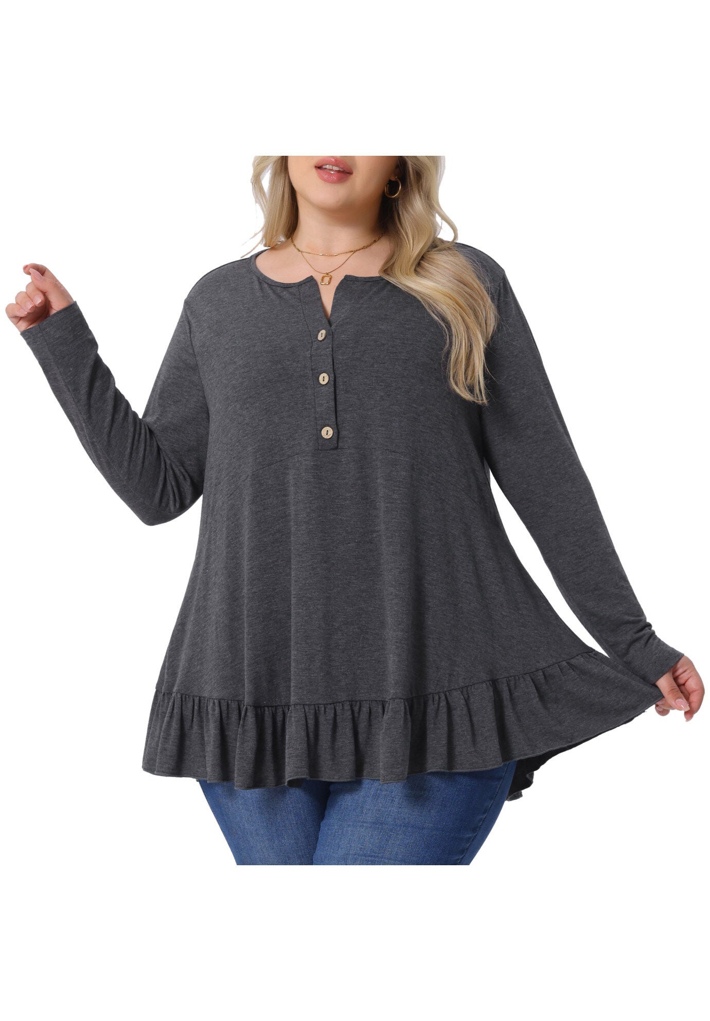 Henley V Neck Ruffled Hem Flowy Blouse Tunic, Gray / Charcoal Grey, alternate image number 1