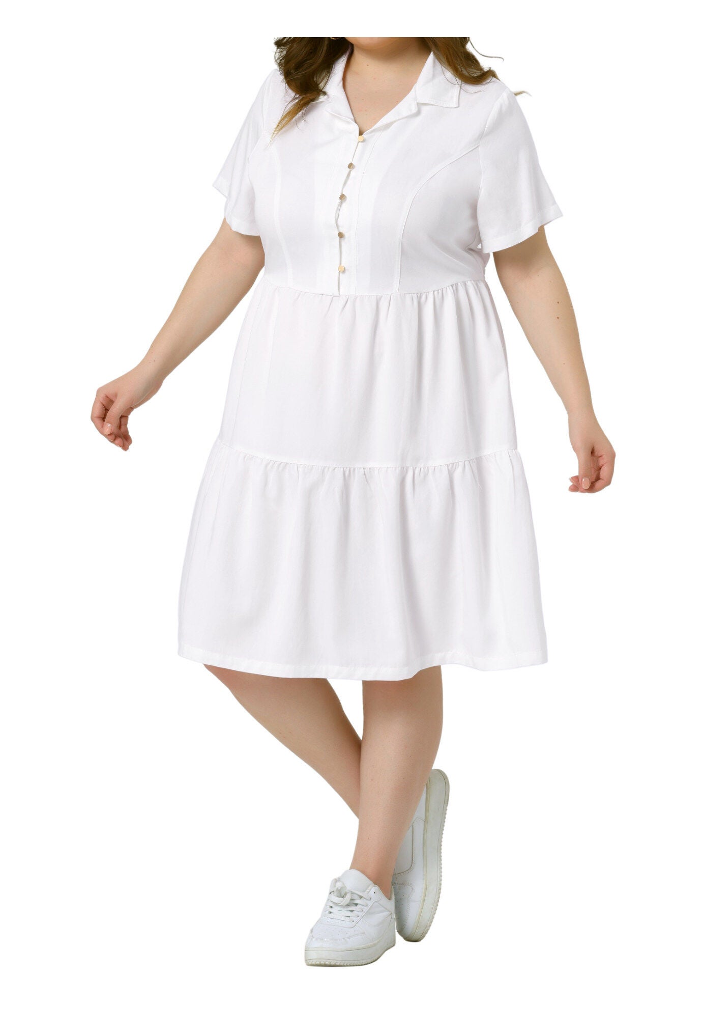 Short Sleeve Button Down Flowy Tiered Shirt Chambray Dress, White / White, alternate image number 1