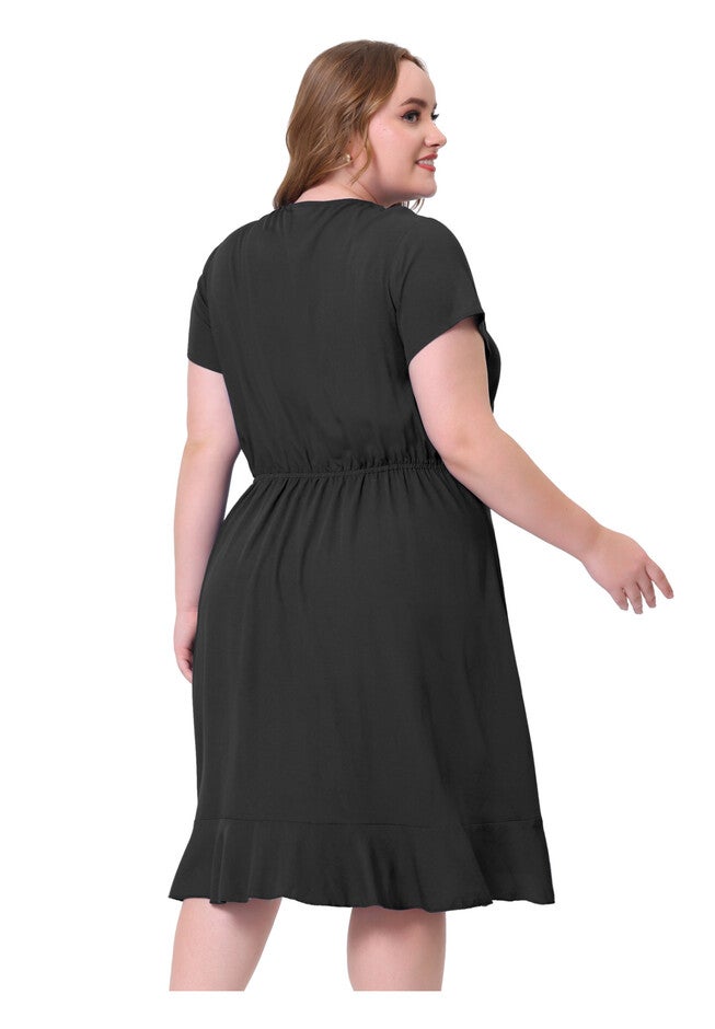 Chambray Faux Wrap V Neck Casual Ruffle Dress, Black / Black, alternate image number 3