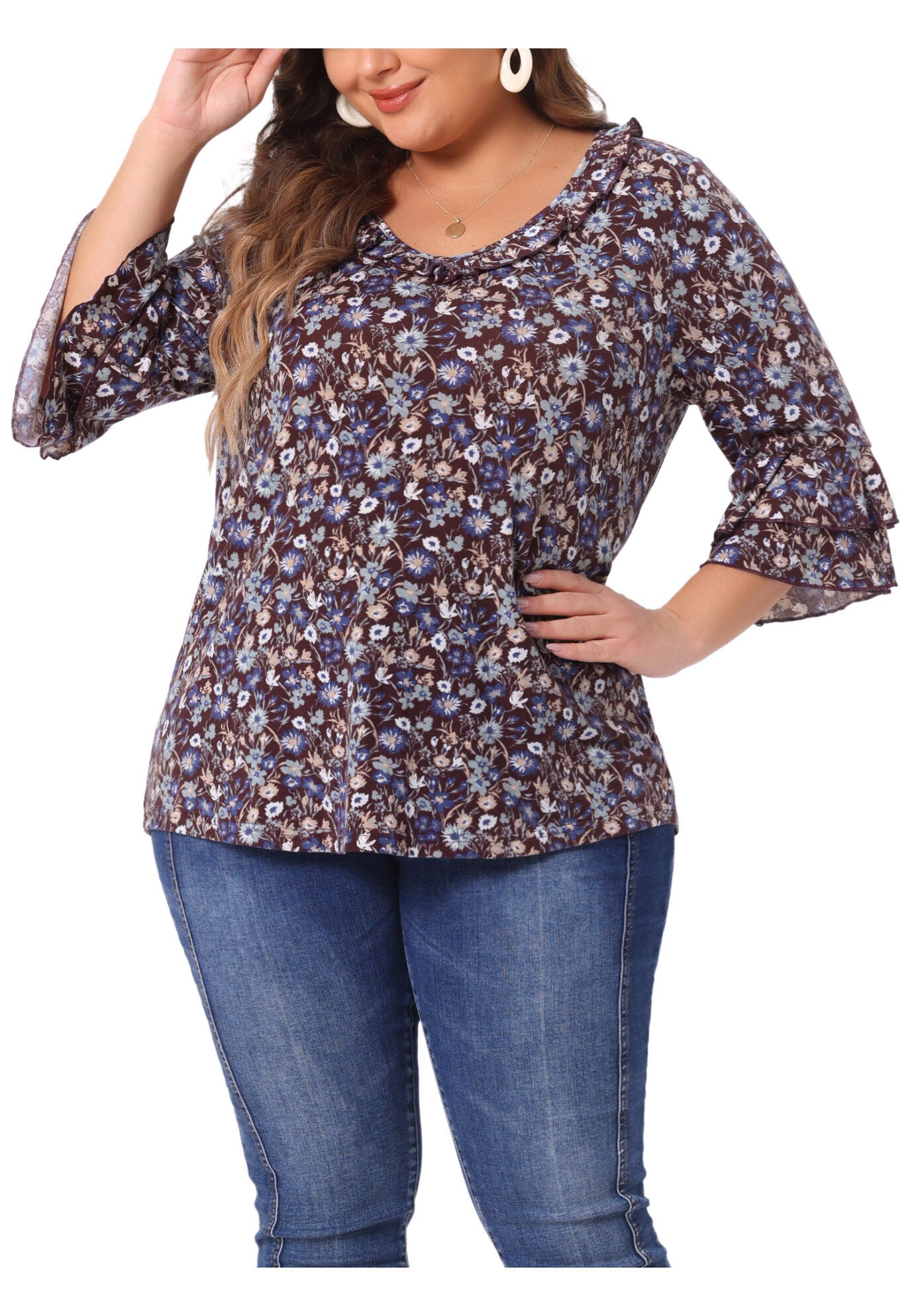 Floral Print V Neck Tiered Ruffle Bell Sleeve Blouse Top, Red Brown / Burnt Orange, alternate image number 1